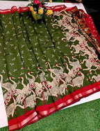 Women's Linen Kalamkari Printed Saree With Unstitched Blouse - 5.5 Mtr (Olive Green-Red)