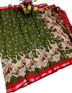 Women's Linen Kalamkari Printed Saree With Unstitched Blouse - 5.5 Mtr (Olive Green-Red)