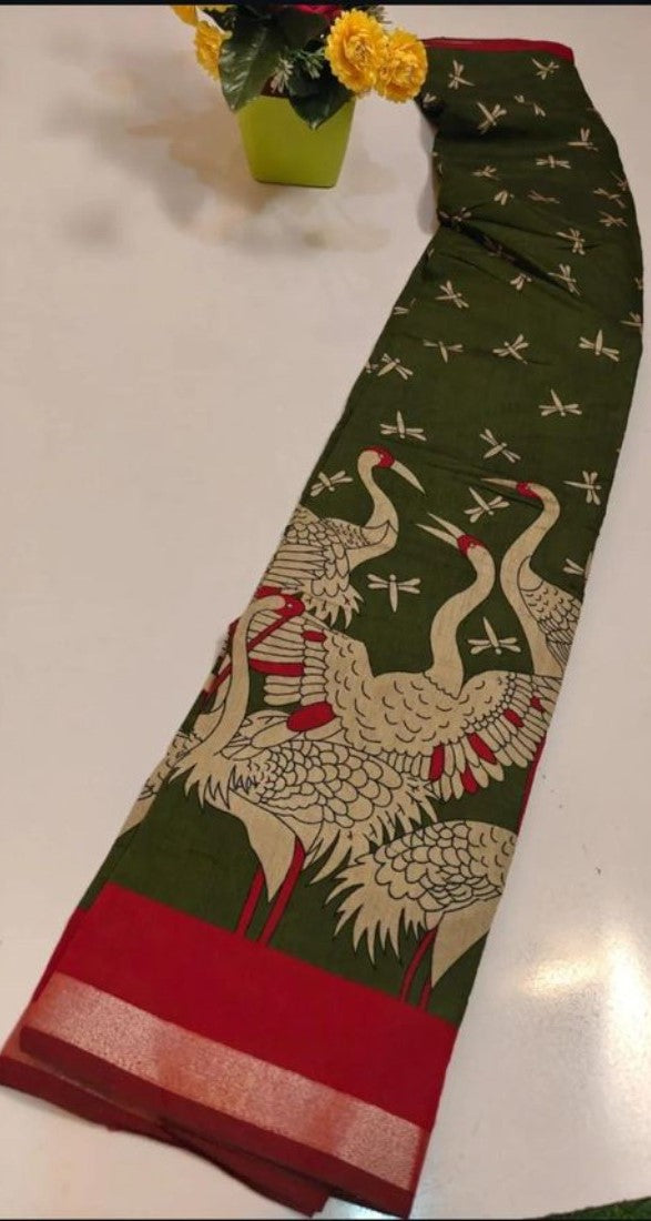 Women's Linen Kalamkari Printed Saree With Unstitched Blouse - 5.5 Mtr (Olive Green-Red)