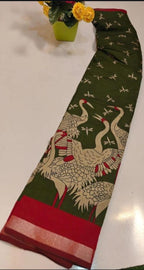 Women's Linen Kalamkari Printed Saree With Unstitched Blouse - 5.5 Mtr (Olive Green-Red)