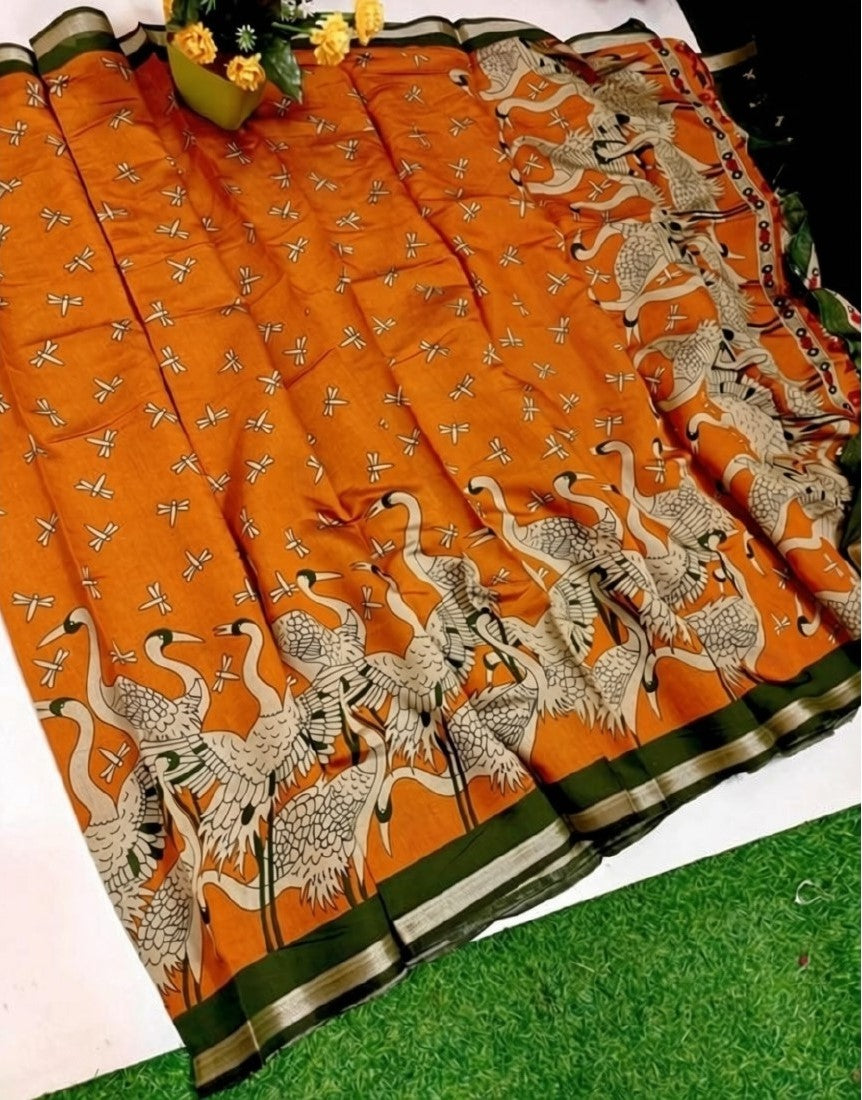 Women's Linen Kalamkari Printed Saree With Unstitched Blouse - 5.5 Mtr (Orange-Green)