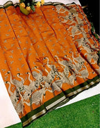 Women's Linen Kalamkari Printed Saree With Unstitched Blouse - 5.5 Mtr (Orange-Green)