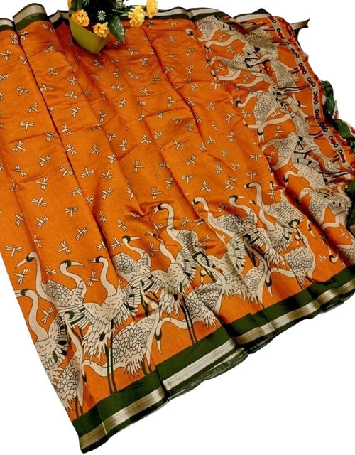 Women's Linen Kalamkari Printed Saree With Unstitched Blouse - 5.5 Mtr (Orange-Green)