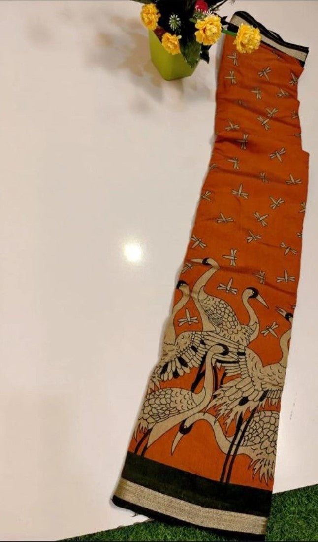 Women's Linen Kalamkari Printed Saree With Unstitched Blouse - 5.5 Mtr (Orange-Green)