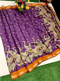 Women's Linen Kalamkari Printed Saree With Unstitched Blouse - 5.5 Mtr (Purple-Orange)