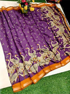 Women's Linen Kalamkari Printed Saree With Unstitched Blouse - 5.5 Mtr (Purple-Orange)