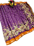 Women's Linen Kalamkari Printed Saree With Unstitched Blouse - 5.5 Mtr (Purple-Orange)
