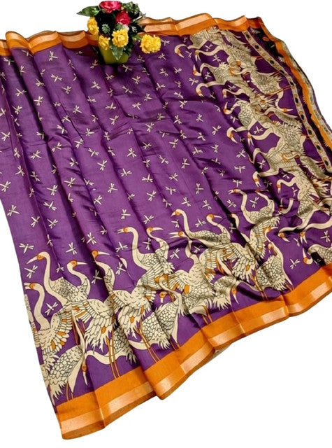 Women's Linen Kalamkari Printed Saree With Unstitched Blouse - 5.5 Mtr (Purple-Orange)