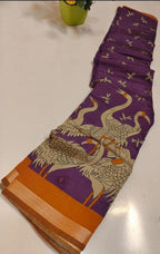 Women's Linen Kalamkari Printed Saree With Unstitched Blouse - 5.5 Mtr (Purple-Orange)