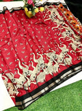 Women's Linen Kalamkari Printed Saree With Unstitched Blouse - 5.5 Mtr (Red-Black)