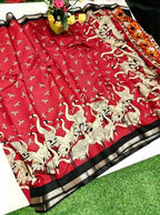 Women's Linen Kalamkari Printed Saree With Unstitched Blouse - 5.5 Mtr (Red-Black)
