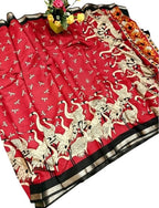 Women's Linen Kalamkari Printed Saree With Unstitched Blouse - 5.5 Mtr (Red-Black)
