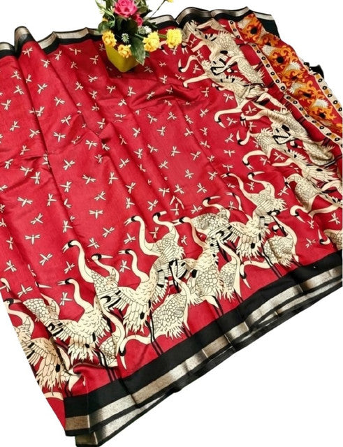 Women's Linen Kalamkari Printed Saree With Unstitched Blouse - 5.5 Mtr (Red-Black)