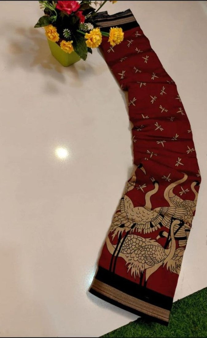 Women's Linen Kalamkari Printed Saree With Unstitched Blouse - 5.5 Mtr (Red-Black)