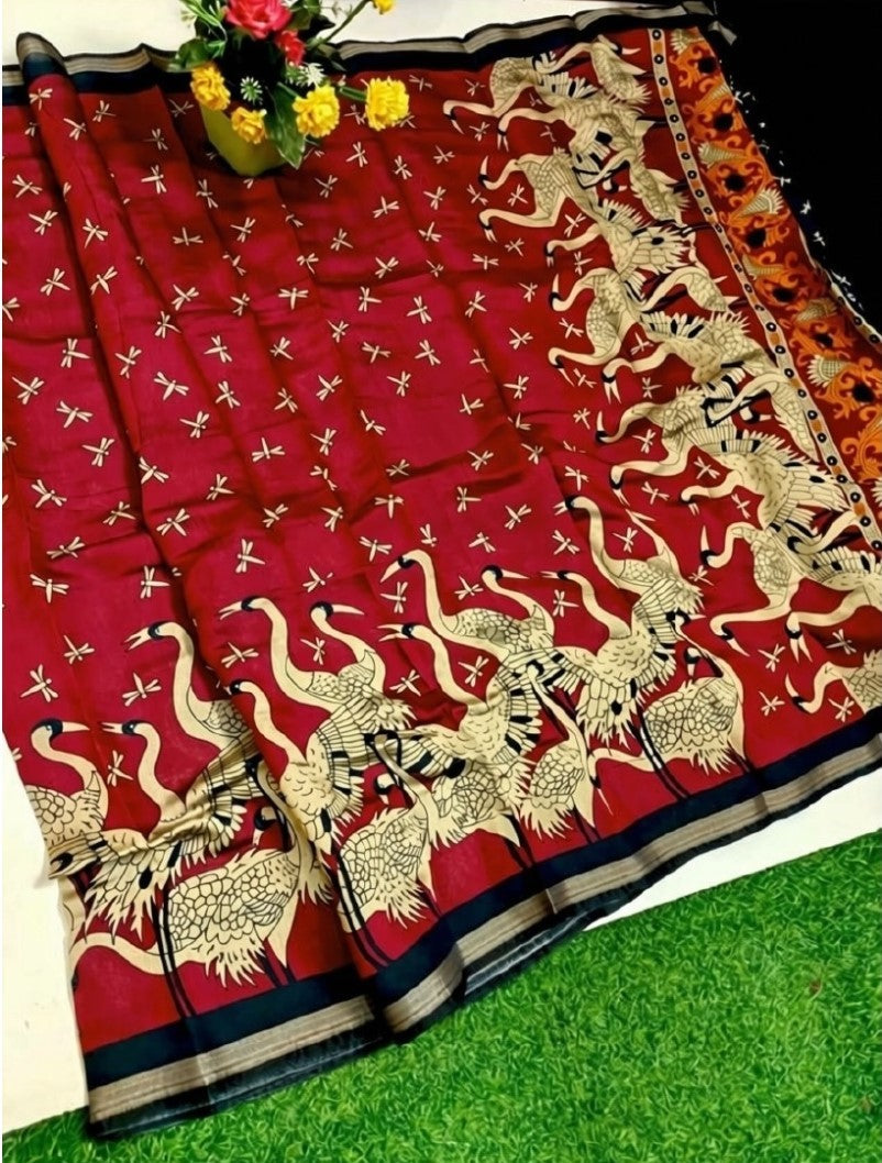 Women's Linen Kalamkari Printed Saree With Unstitched Blouse - 5.5 Mtr (Red-Navy Blue)