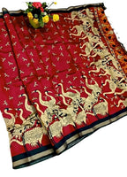 Women's Linen Kalamkari Printed Saree With Unstitched Blouse - 5.5 Mtr (Red-Navy Blue)