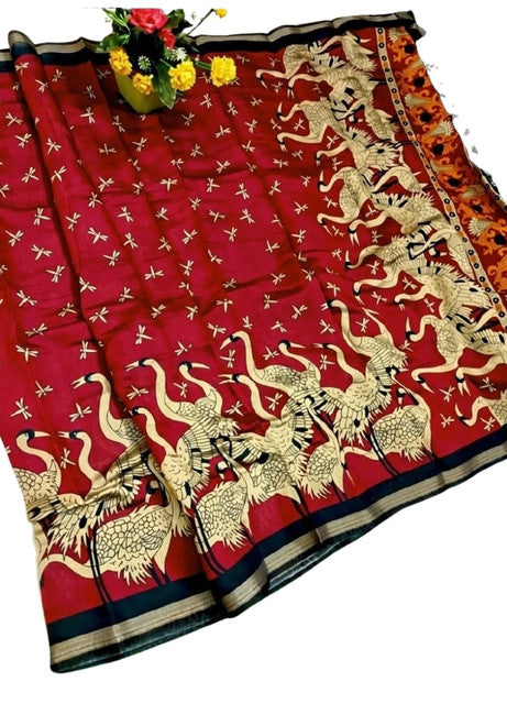 Women's Linen Kalamkari Printed Saree With Unstitched Blouse - 5.5 Mtr (Red-Navy Blue)