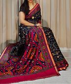 Women's Linen Printed Saree With Unstitched Blouse - 5.5 Mtr (Black-Pink)