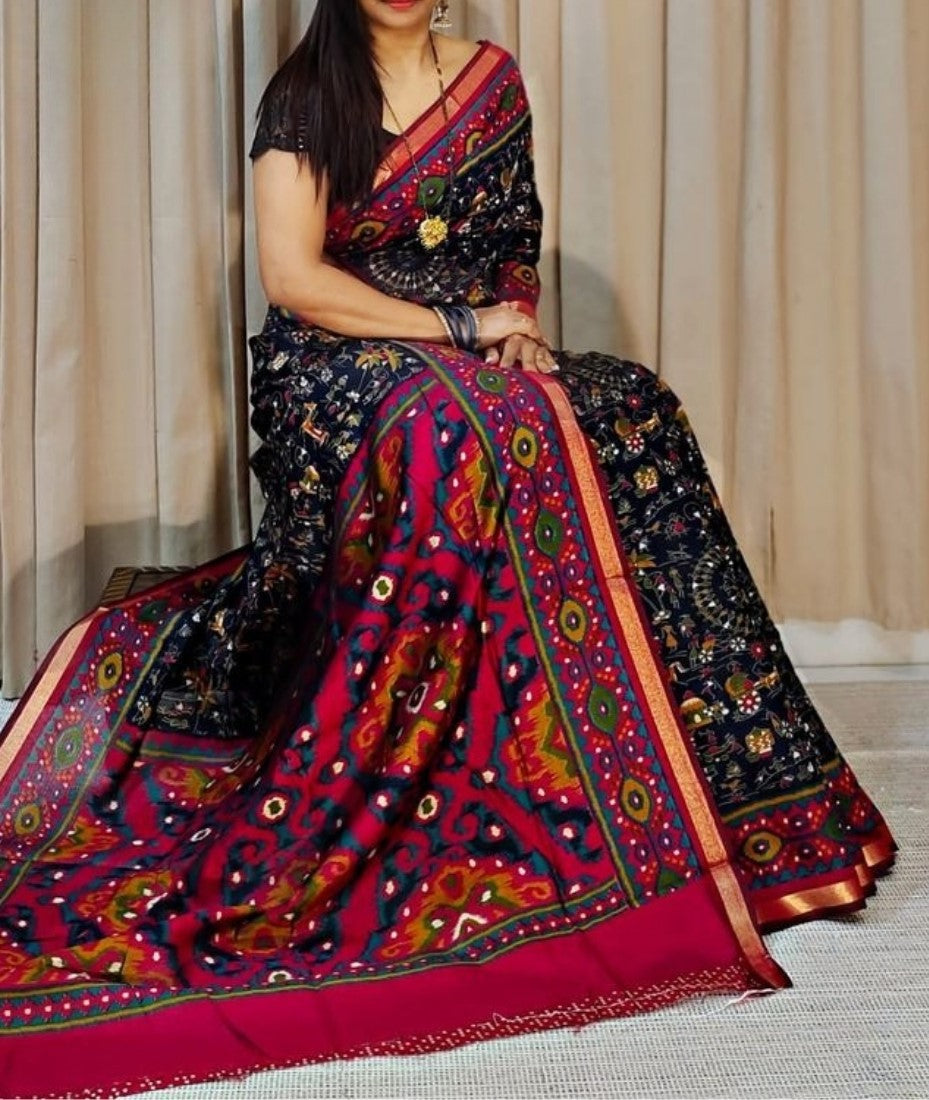 Women's Linen Printed Saree With Unstitched Blouse - 5.5 Mtr (Black-Pink)