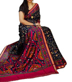 Women's Linen Printed Saree With Unstitched Blouse - 5.5 Mtr (Black-Pink)
