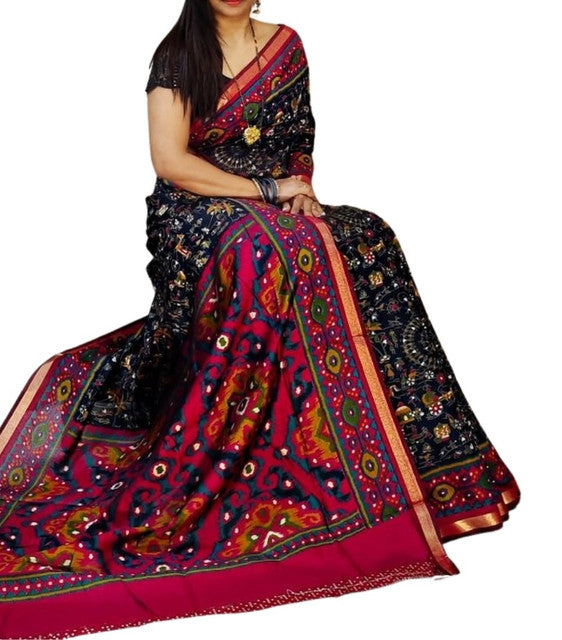 Women's Linen Printed Saree With Unstitched Blouse - 5.5 Mtr (Black-Pink)