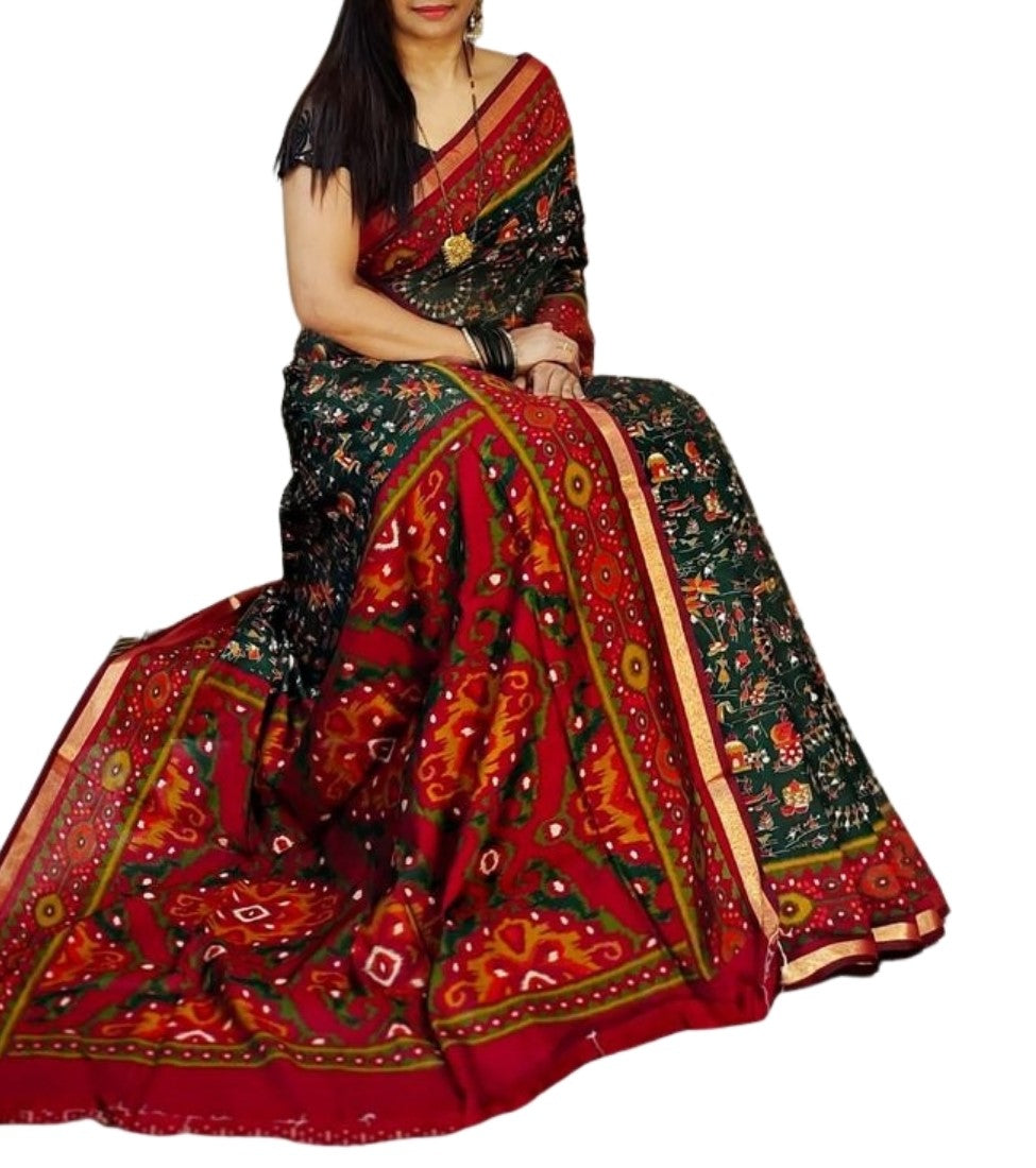 Women's Linen Printed Saree With Unstitched Blouse - 5.5 Mtr (Green-Red)