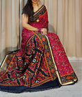 Women's Linen Printed Saree With Unstitched Blouse - 5.5 Mtr (Pink-Navy Blue)