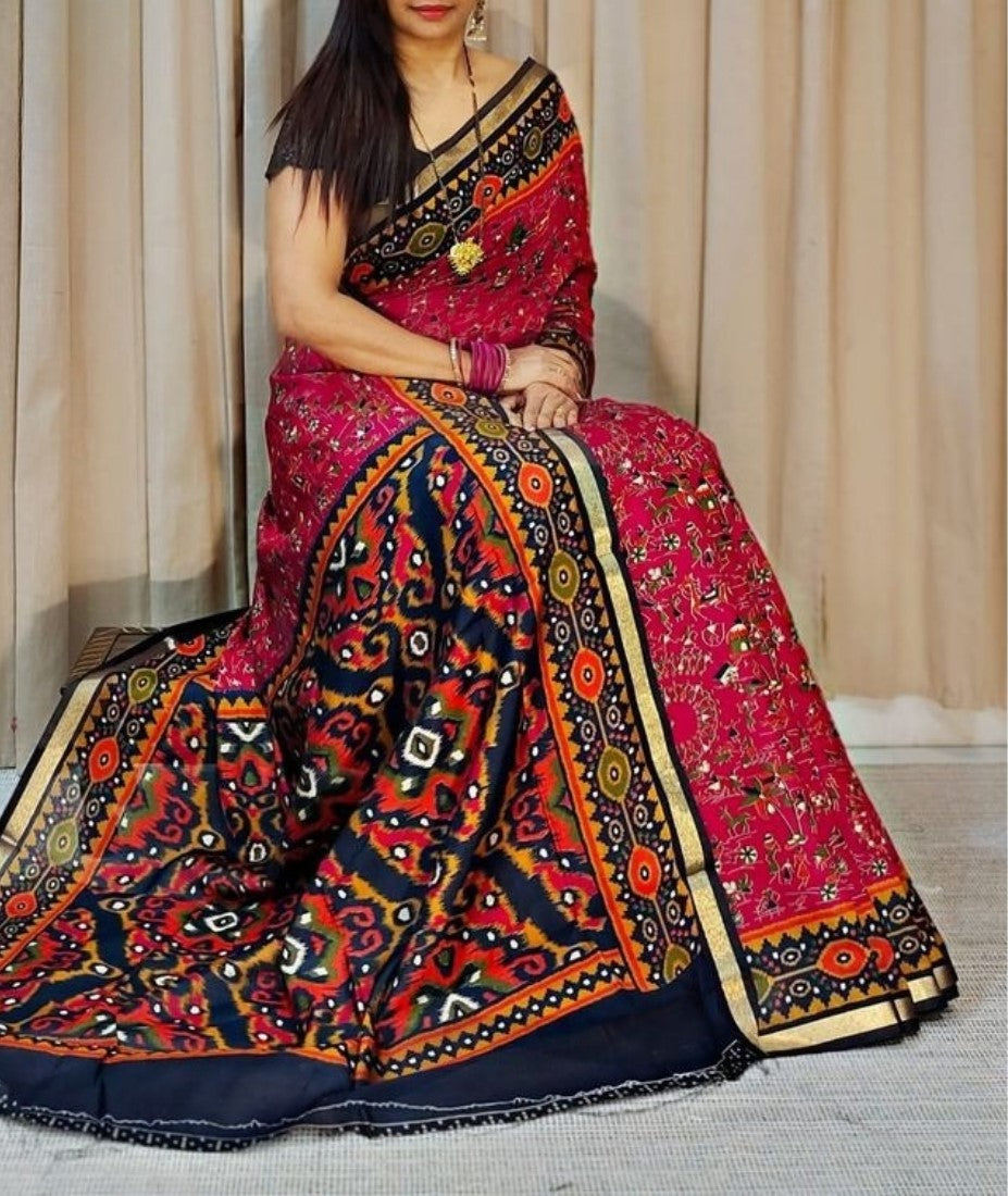 Women's Linen Printed Saree With Unstitched Blouse - 5.5 Mtr (Pink-Navy Blue)