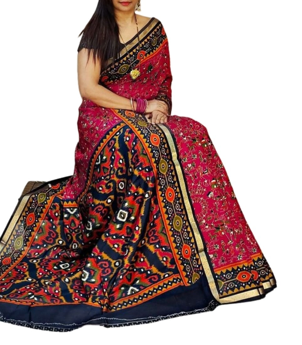 Women's Linen Printed Saree With Unstitched Blouse - 5.5 Mtr (Pink-Navy Blue)