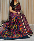 Women's Linen Printed Saree With Unstitched Blouse - 5.5 Mtr (Purple-Navy Blue)