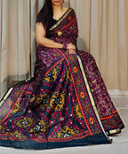 Women's Linen Printed Saree With Unstitched Blouse - 5.5 Mtr (Purple-Navy Blue)