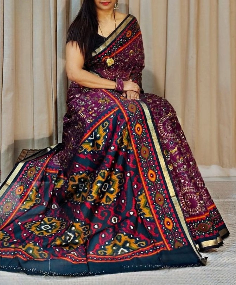 Women's Linen Printed Saree With Unstitched Blouse - 5.5 Mtr (Purple-Navy Blue)