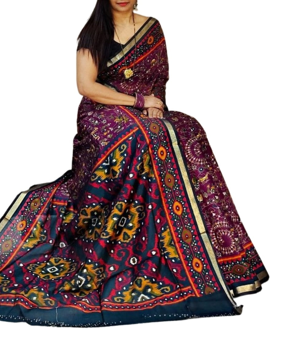 Women's Linen Printed Saree With Unstitched Blouse - 5.5 Mtr (Purple-Navy Blue)