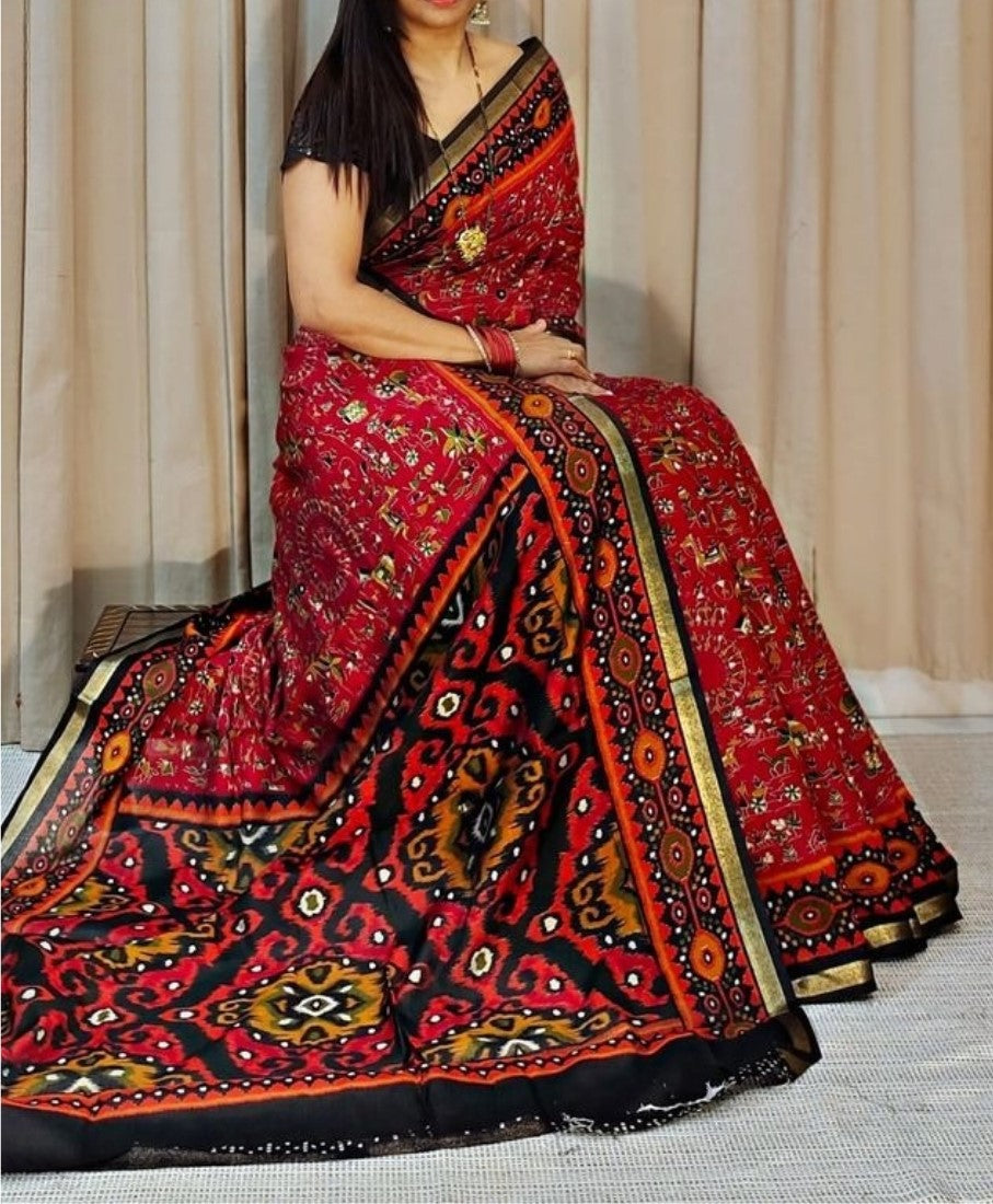 Women's Linen Printed Saree With Unstitched Blouse - 5.5 Mtr (Red-Black)