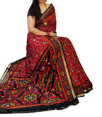 Women's Linen Printed Saree With Unstitched Blouse - 5.5 Mtr (Red-Black)
