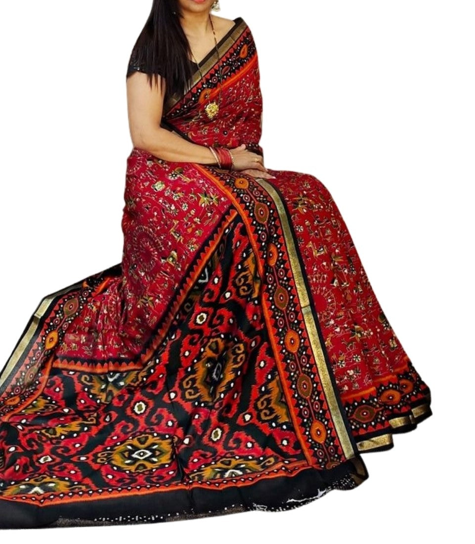 Women's Linen Printed Saree With Unstitched Blouse - 5.5 Mtr (Red-Black)