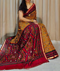 Women's Linen Printed Saree With Unstitched Blouse - 5.5 Mtr (Mustard Yellow-Red)