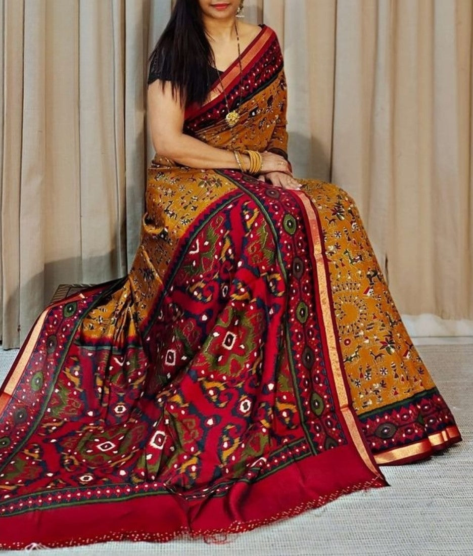 Women's Linen Printed Saree With Unstitched Blouse - 5.5 Mtr (Mustard Yellow-Red)