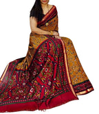 Women's Linen Printed Saree With Unstitched Blouse - 5.5 Mtr (Mustard Yellow-Red)