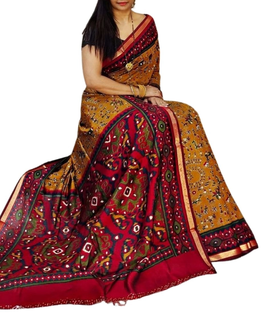 Women's Linen Printed Saree With Unstitched Blouse - 5.5 Mtr (Mustard Yellow-Red)