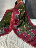 Women's Linen Kalamkari Printed Saree With Unstitched Blouse - 5.5 Mtr (Olive Green-Maroon)