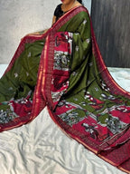 Women's Linen Kalamkari Printed Saree With Unstitched Blouse - 5.5 Mtr (Olive Green-Maroon)