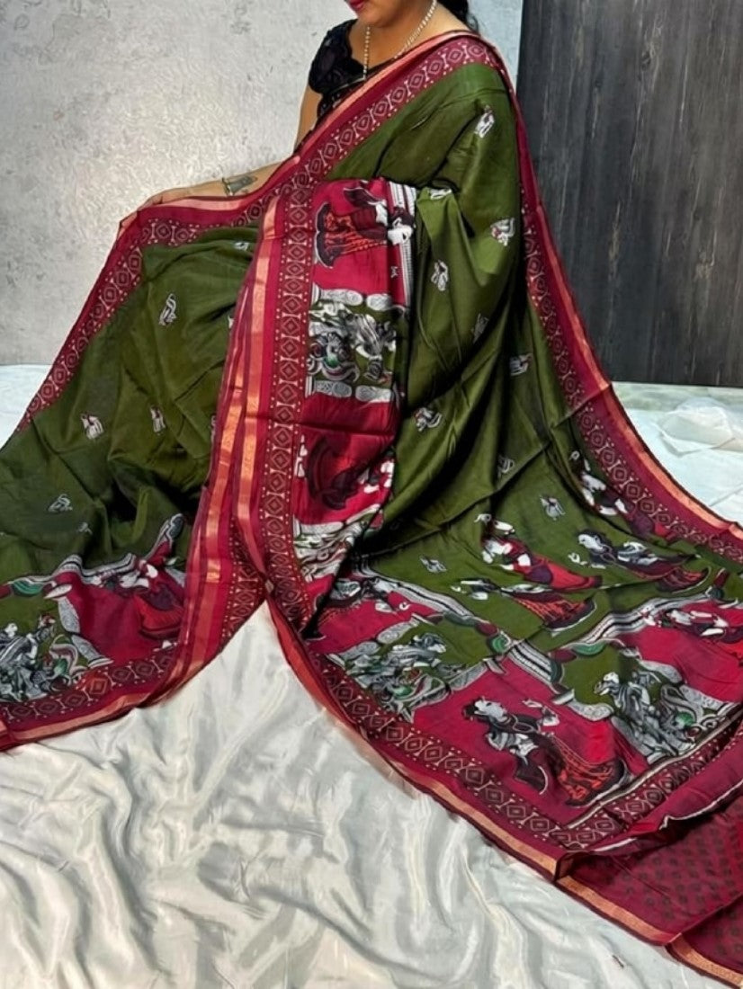 Women's Linen Kalamkari Printed Saree With Unstitched Blouse - 5.5 Mtr (Olive Green-Maroon)