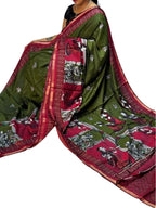 Women's Linen Kalamkari Printed Saree With Unstitched Blouse - 5.5 Mtr (Olive Green-Maroon)