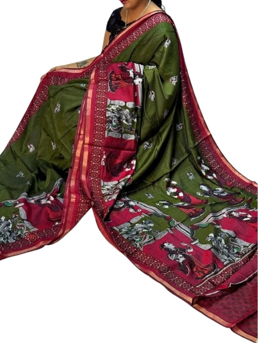 Women's Linen Kalamkari Printed Saree With Unstitched Blouse - 5.5 Mtr (Olive Green-Maroon)