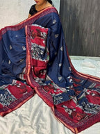 Women's Linen Kalamkari Printed Saree With Unstitched Blouse - 5.5 Mtr (Navy Blue-Maroon)