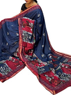 Women's Linen Kalamkari Printed Saree With Unstitched Blouse - 5.5 Mtr (Navy Blue-Maroon)