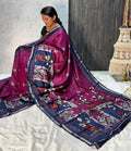 Women's Linen Kalamkari Printed Saree With Unstitched Blouse - 5.5 Mtr (Magenta-Navy Blue)