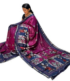 Women's Linen Kalamkari Printed Saree With Unstitched Blouse - 5.5 Mtr (Magenta-Navy Blue)