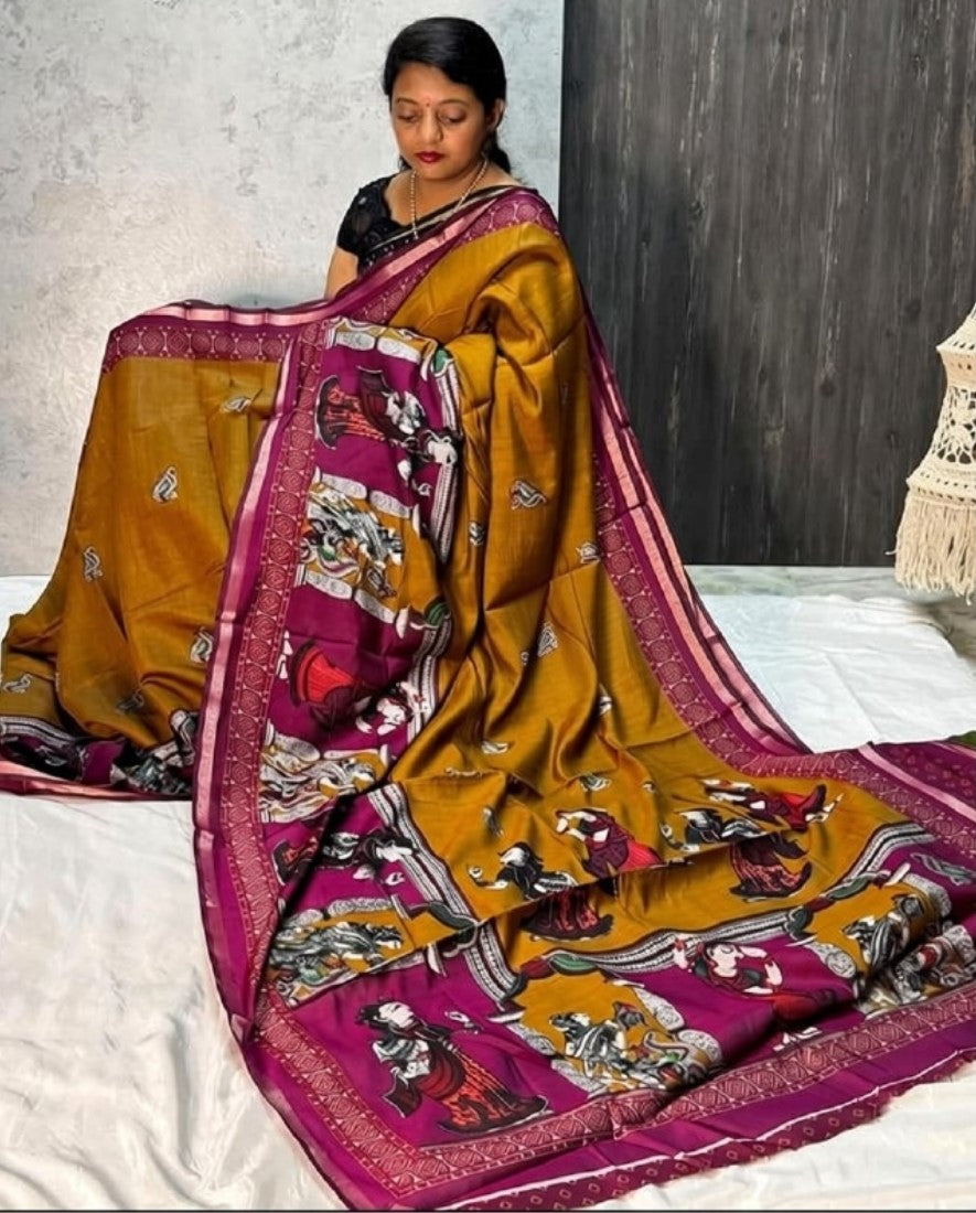Women's Linen Kalamkari Printed Saree With Unstitched Blouse - 5.5 Mtr (Mustard Yellow-Magenta)